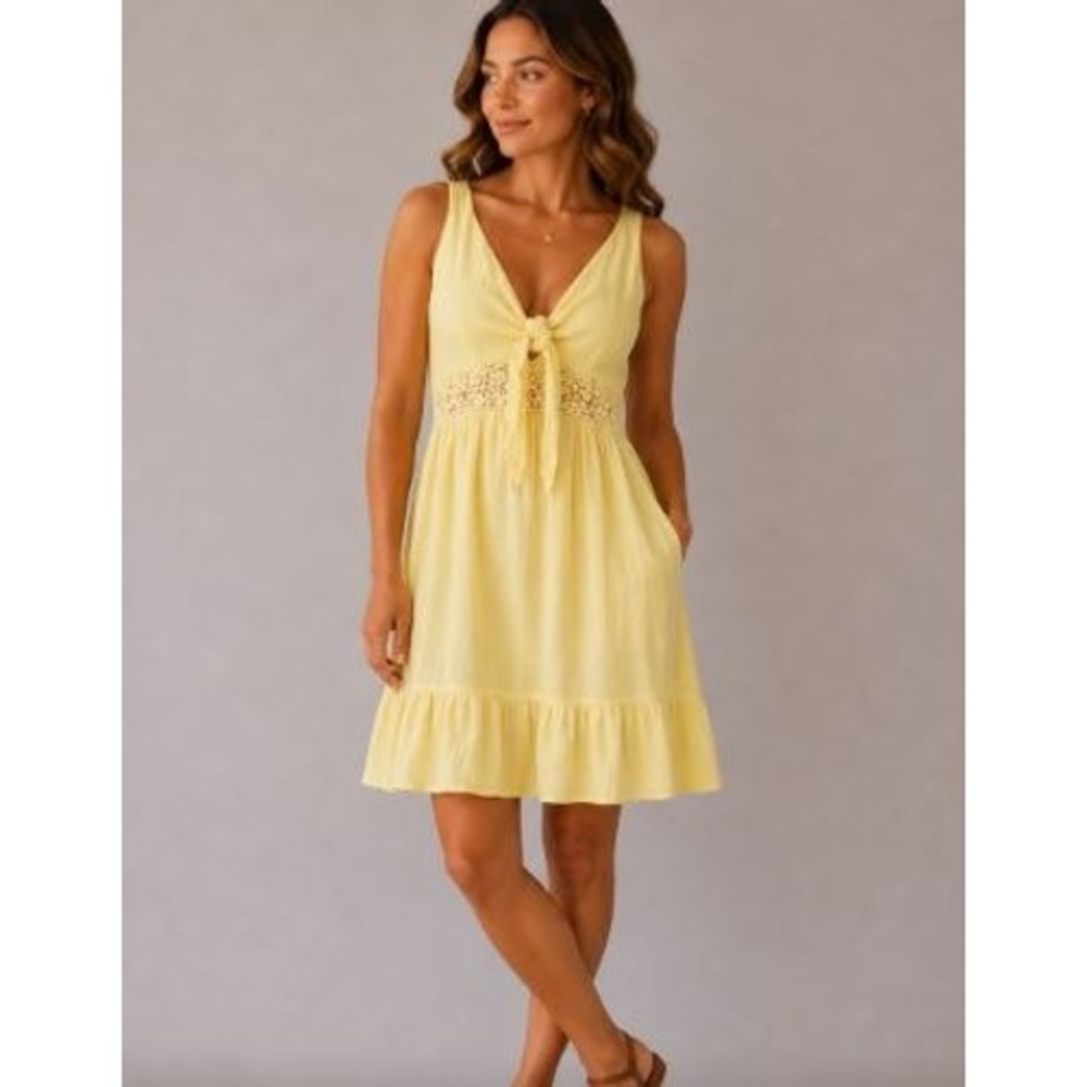 Yellow Sun Dress Small Tie Front Crochet Lace Boho Gauze Cottage Festive Beach